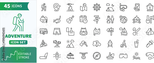 Vacation line icons set . Collection of line icons perfect for travel, tourism, vacation, and outdoor adventure concepts
