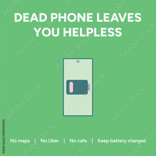 Minimalist vector graphic illustration showing a smartphone with a depleted battery icon representing the frustration of having no power available