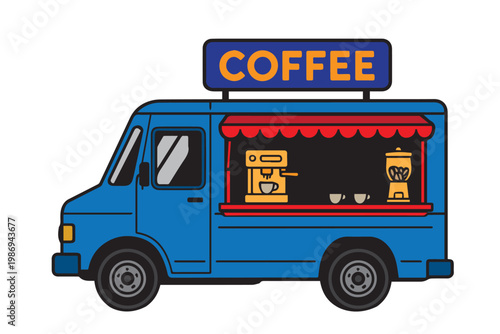 Vector art of a cozy coffee food truck parked on a lively street, serving fresh brews to happy customers, with warm tones, clean lines, and a modern inviting style.