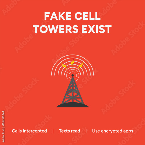 Minimalist vector graphic illustration showcasing a warning message about suspicious cell phone tower activity and potential mobile privacy security risks
