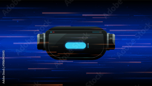 Abstract VR headset, glitch effect style, blue gradient with grid lines, colorful scattered rectangles overlay