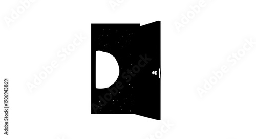 Open door silhouette revealing starry outer space and a moon conceptual illustration