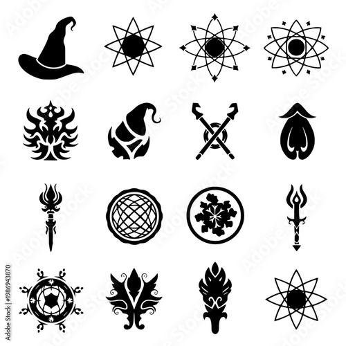 Set of 16 Black Silhouette Magic and Mystical Icons for Fantasy Games