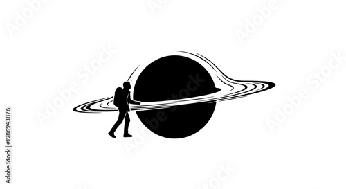 Minimalist silhouette of a traveler walking on cosmic rings around a planet