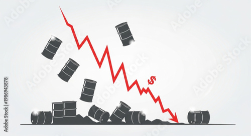 Oil barrels falling with a downward trending graph and dollar sign.