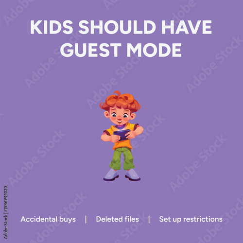 Cute cartoon boy holding a small digital mobile device while standing alone in this fun and colorful vector graphic illustration