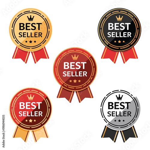 Collection of colorful best seller award badges with ribbons displayed