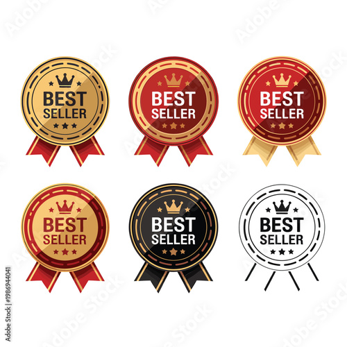 Collection of best seller award badges in various colors and styles