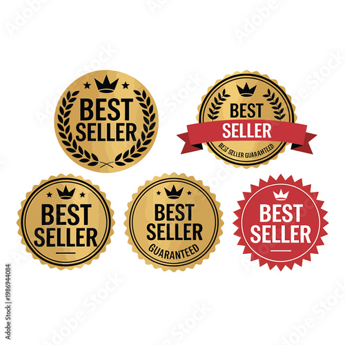 Collection of golden and red best seller award badges and seals