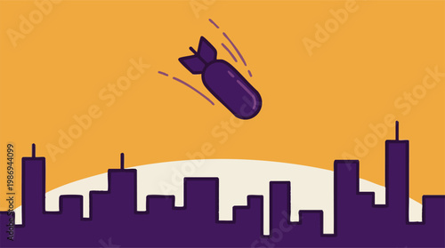 Flat illustration of a bomb falling towards a city skyline, symbolizing conflict