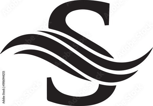 A stylized black letter s with flowing curved lines