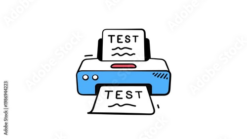 Doodle style illustration of printing machine printing test papers