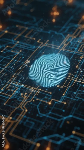 Futuristic digital fingerprint scanning technology with glowing circuit board background for cybersecurity