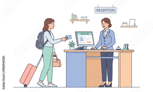 Woman checking in at hotel reception counter vector illustration
