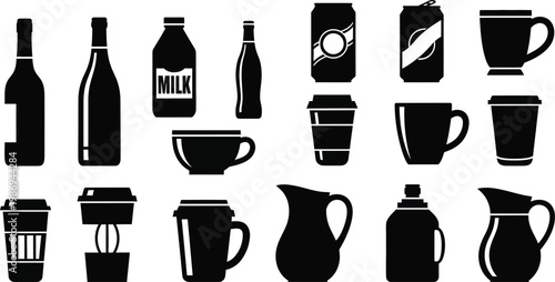 Black silhouettes of various beverage containers and drinkware bottle