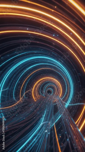 Futuristic glowing light tunnel with vibrant blue and orange neon lines swirling in dynamic motion