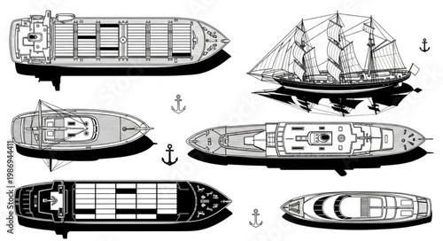 Collection of various ship types seen from above.