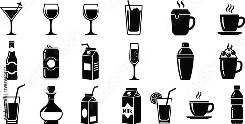 Black and white of various drinks and beverage containers drink beverage symbols cocktail glass wine glass