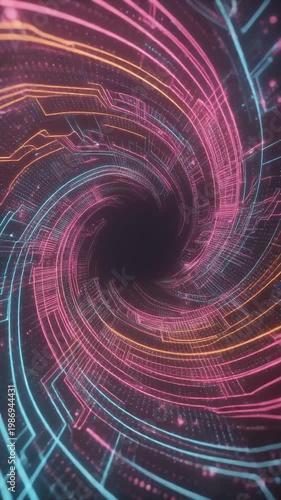 Futuristic digital vortex with glowing neon circuit pathways in vibrant pink blue and orange colors