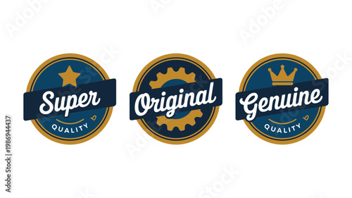 Three circular badges with text emphasizing quality and authenticity