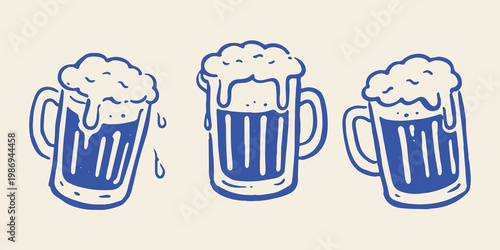 Beer mugs set naive doodle vector illustration