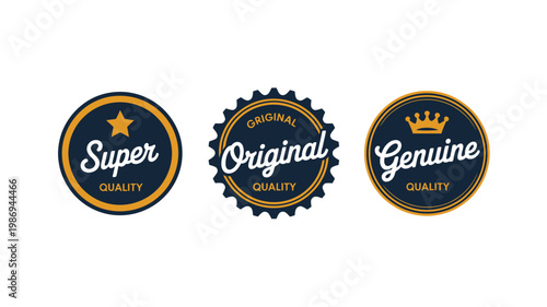 Three vintage style quality badges with distinct designs and lettering