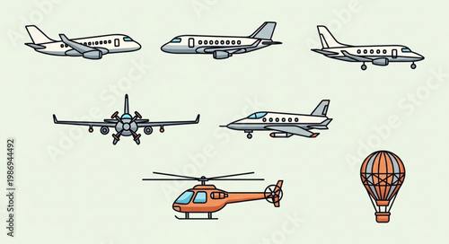 Collection of various aircraft and hot air balloon illustrations.