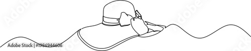 One line drawing of elegant women beach hat with ribbon minimalist summer fashion headwear continuous line vector illustration