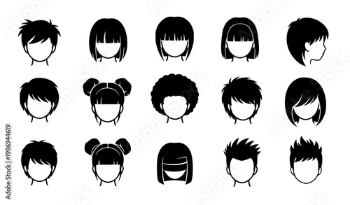 Trendy children hairstyle silhouette icons with cute boy and girl haircuts for salon vector design set