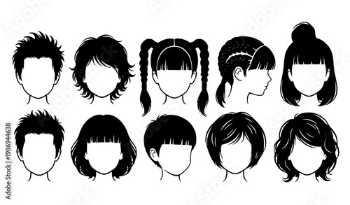 Kids cartoon hairstyle silhouette icon set with stylish boy and girl haircuts for child fashion vector bundle