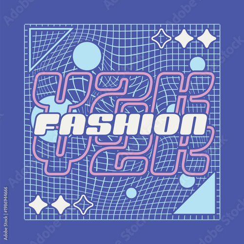Y2K Style Flat Distorted Grid and Decorations in Blue and White with typography of 'Y2K Fashion' in Futuristic Font on White and Pink Color, Bright Purple Backdrop