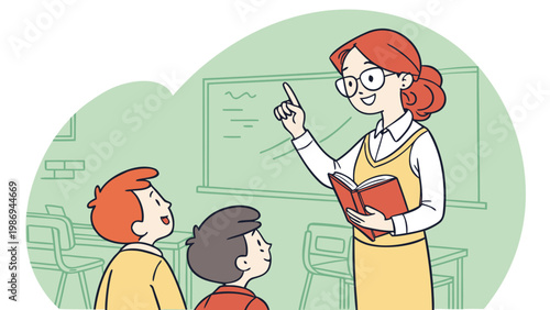 Teacher in classroom vector illustration showing educator pointing to chalkboard while talking to kids.