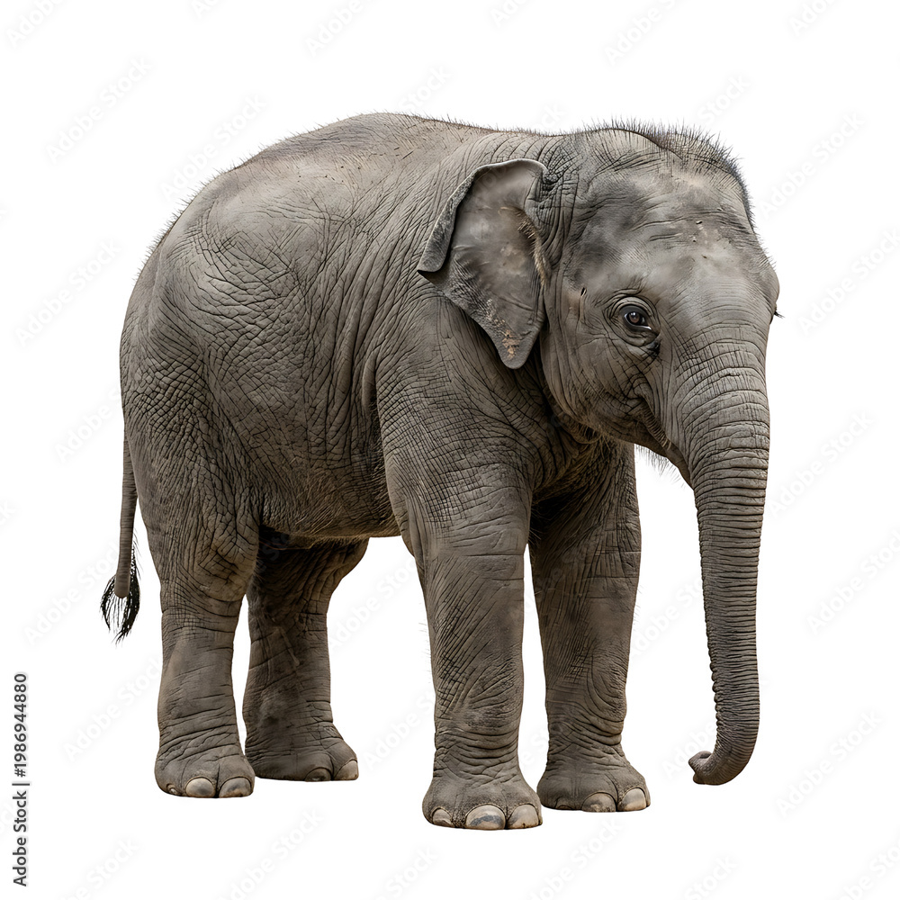 Fototapeta premium Young elephant standing isolated against a transparent background wildlife imagery