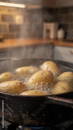 Boiling potatoes in a rustic kitchen pot with steam rising during cooking process