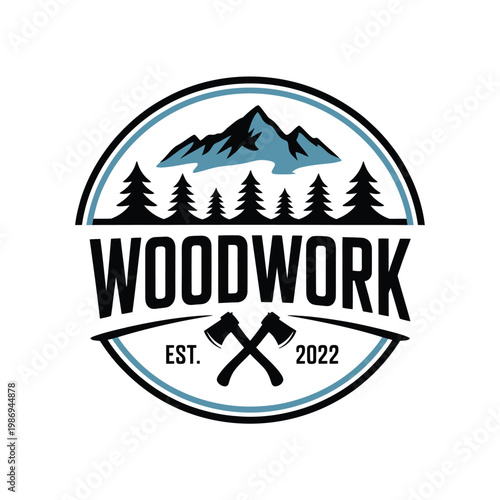 Woodwork emblem featuring mountains trees axes and established date