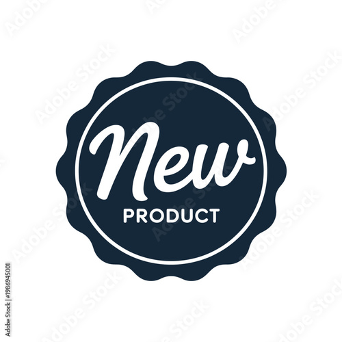 A navy blue circular badge displaying the word new and product