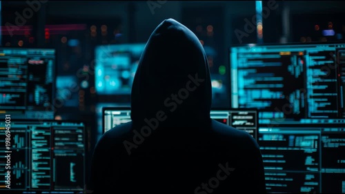 Silhouette of a Person in a Dark Room With Blue Screens Showing Data at Night