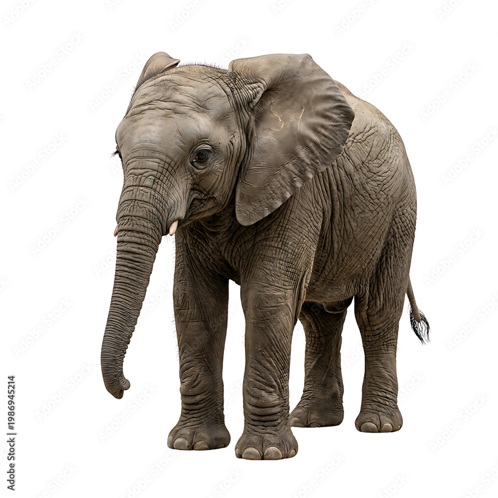 Fototapeta premium Young elephant stands in full view with detailed textures against transparent background