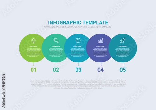Modern Business Infographic Template with 5 Steps Timeline, Circle Elements, Data Visualization Design