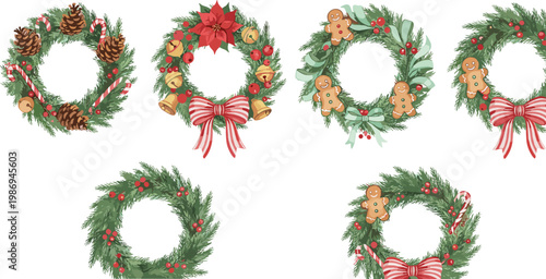 Vector illustration of decorative Christmas wreaths with festive ornaments, ribbons, bells and flowers in holiday design