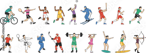 Vector illustration of diverse athletes playing multiple sports including cycling, soccer, boxing, basketball and more in athletic design