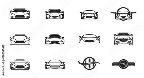 Collection of modern sports car front view icons and logos.