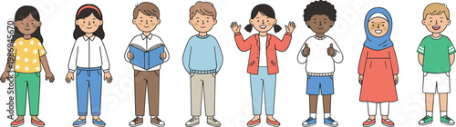 Vector illustration of diverse children in colorful outfits and hairstyles standing together in inclusive design