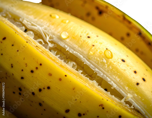 Ripe, split yellow fruit with brown spots, glistening water droplets