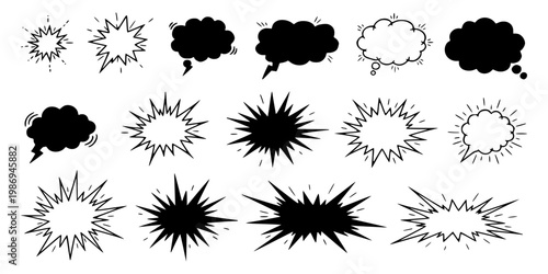 Comic speech bubbles set, hand drawn pop art explosion clouds, black and white manga shout frames, 16 vector style dialogue elements for storytelling