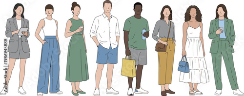 Vector illustration of diverse people in casual and semi‑formal outfits with accessories in modern lifestyle design