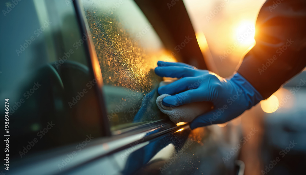 Fototapeta premium Person in blue gloves wipes car window with microfiber cloth. Sun shines, creating bokeh effect. Car detailing in progress for clear view and cleanliness.