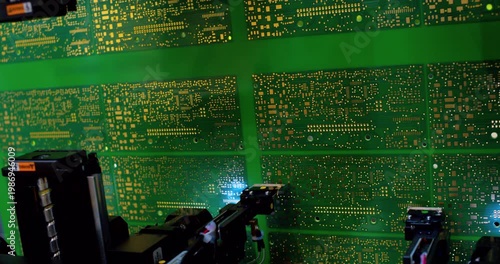  Modern hi-tech production. Electronic circuit boards production and installation of SMD components. Special equipment diagnose and test chips and processors. Manufacture of electronic chips. Close-up