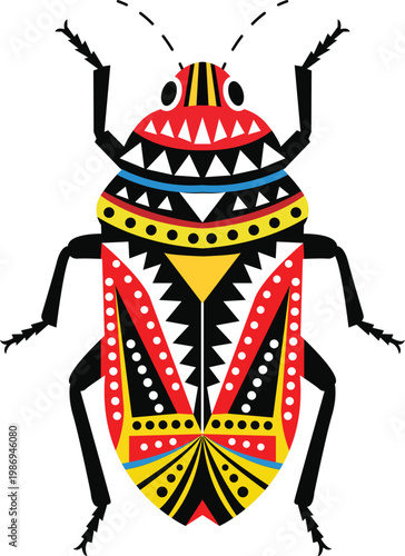 Colorful Decorative Beetle Bug Flat Design Vector Illustration Tribal Geometric Pattern Insect Art Bold Graphic Print Exotic Cartoon Animal Collection