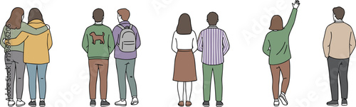 Vector illustration of diverse people standing with backs turned in casual outfits and social interaction design